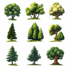 Illustrated Trees Set on White, Nature, Green Foliage, Forest, Woodland, Environment