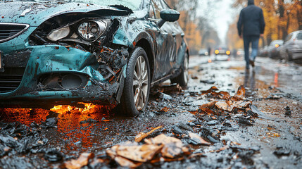 Damaged car on urban street surrounded by fallen leaves on a rainy day during autumn. Generative AI