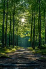 Obraz premium Sunlit forest path invites exploration and inspires tranquility, adventure awaits