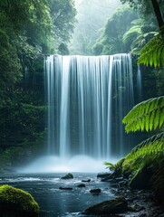 Fototapeta premium A powerful shot of Russell Falls cascading down multiple tiers, surrounded by dense, ancient rainforest