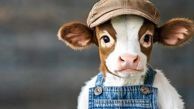 Cute calf wearing a hat and overalls poses adorably for the camera in a rustic setting filled with charm