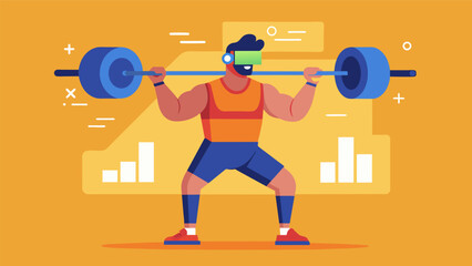 The lifter can track their progress over time seeing their gains in both strength and muscle growth through the VR weightlifting simulation.. Vector illustration