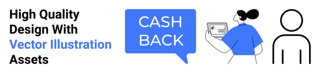 Woman holding a card with cashback text in speech bubble, abstract person outline. Ideal for marketing, e-commerce, cashback benefits, finance services, customer loyalty, digital payments, flat