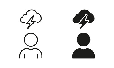 Fototapeta premium Thunder Storm with Cloud and Lightning. Creativity Think, Strategy Solution Symbol. Man Brainstorming Line and Silhouette Icon Set. Editable Stroke. Isolated Vector Illustration