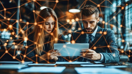 Professionals collaborate on project with digital network overlay in modern office setting during evening hours. Generative AI