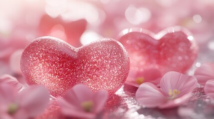 Fototapeta premium Romantic Glimmer: Shimmering Heart-Shaped Gems Surrounding Delicate Pink Petals in Soft Light