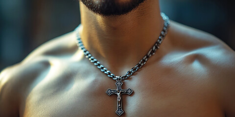 Christian pectoral cross hanging on the bare chest of a believer during personal reflection. Header banner mockup with copy space.