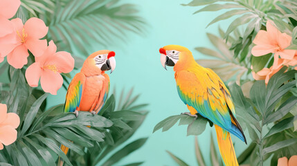 Colorful parrots perched among lush tropical foliage with vibrant flowers in a serene setting