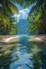 Idyllic tropical beach vista with clear water and lush palm trees