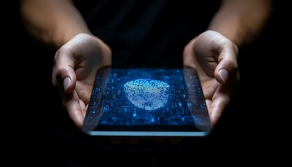 Hands Holding Tablet Displaying Digital Fingerprint Technology