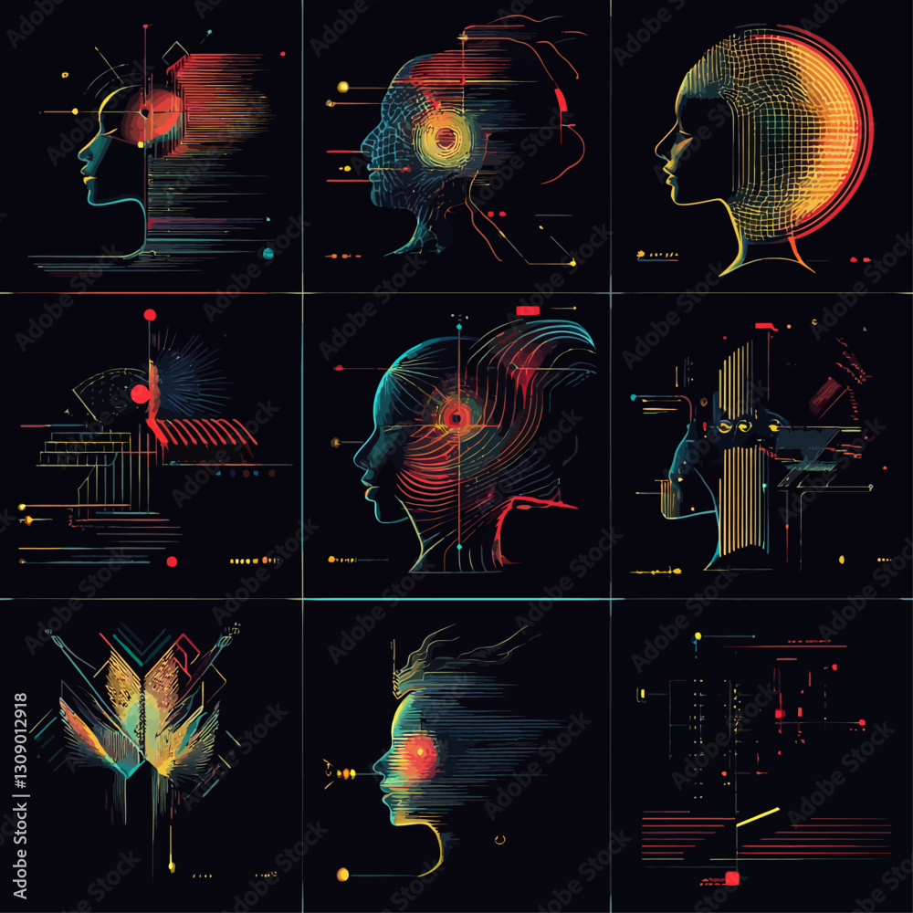 Poster abstract human profile with data flow and neural network concept.