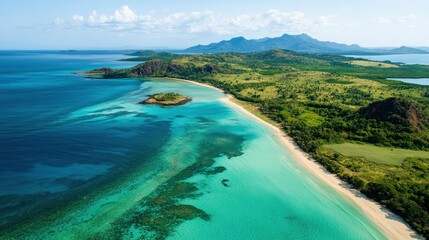 Aerial view of Nosy Be island, Madagascar, featuring crystal-clear turquoise waters, lush green coastline