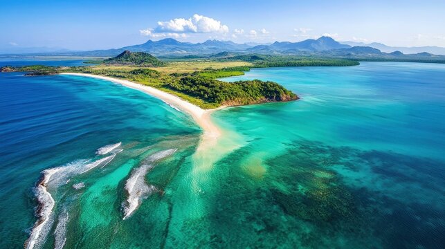 Aerial view of Nosy Be island, Madagascar, featuring crystal-clear turquoise waters, lush green coastline - Powered by Adobe