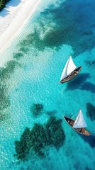Fototapete Rund An aerial view of Zanzibar pristine Nungwi Beach, where the crystal-clear turquoise waters meet soft white sand © shooreeq