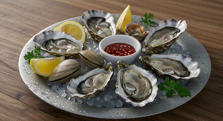 Fresh Oysters on Ice with Spicy Dipping Sauce and Lemon Wedges