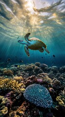 Fototapeta premium An enchanting underwater scene in the crystal-clear waters of Zanzibar Mnemba Atoll