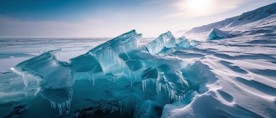 An extraordinary close-up of a frozen section of Lake Baikal, where massive ice shards rise from the surface