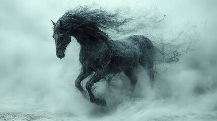 Obraz premium Majestic black horse galloping through foggy landscape at dawn creating a mystical atmosphere. Generative AI