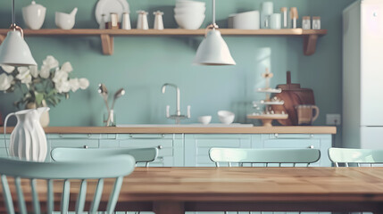 Fototapeta premium Close up of a wooden table top in a modern kitchen. Interior of a showcase cooking room mockup. 