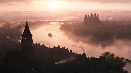 Naklejka premium A tranquil scene of a misty river at sunrise with a gothic castle silhouetted against the morning light. The warm hues of the sun contrast beautifully with the cool misty atmosphere, creating a serene