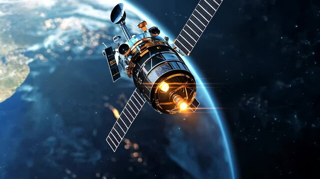 Stunning Satellite Orbiting Earth with Brilliant Lights in a Clear Cosmic Scene