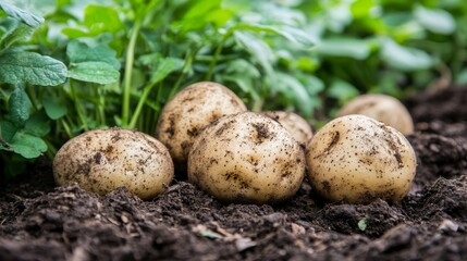 Fresh, organic potatoes freshly dug from the ground in a garden Selective focus with copy space.