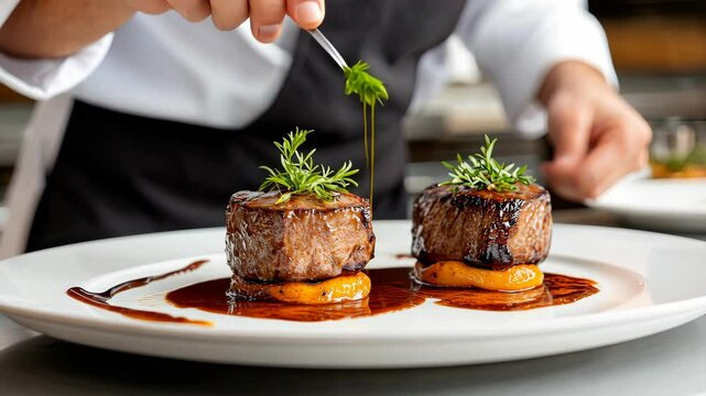 A master chef skillfully crafts an exquisite steak dish, elevating it with a rich, flavorful sauce and vibrant, fresh herbs at an upscale dining establishment