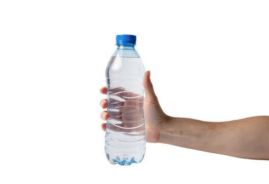 Hand holding a water bottle with transparent background