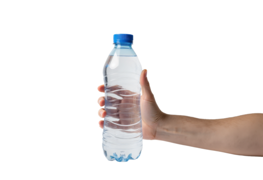 Hand holding a water bottle with transparent background