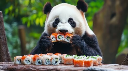 Obraz premium A panda bear is seated at a table in a forest setting, savoring sushi rolls. The combination of a natural environment and sushi adds a playful and humorous twist to wildlife photography, making it an