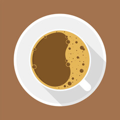Flat style coffee icons set: top view of coffee cup with long shadow in vector art.