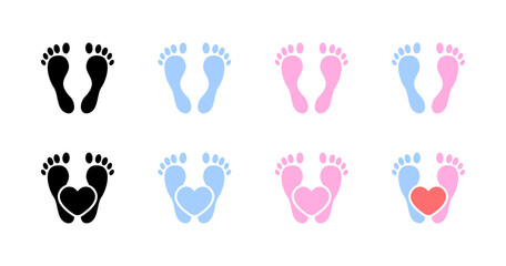 Flat baby footprint icons set with heart shapes &ndash; vector style for nursery and birth announcements.