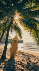 Surfboard rests near palm trees on a tranquil beach