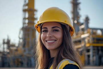 Smiling woman in yellow helmet against oil processing plant  a close up photography shot