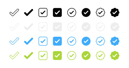 Flat style check mark icons set - vector design with diverse shapes and colors.