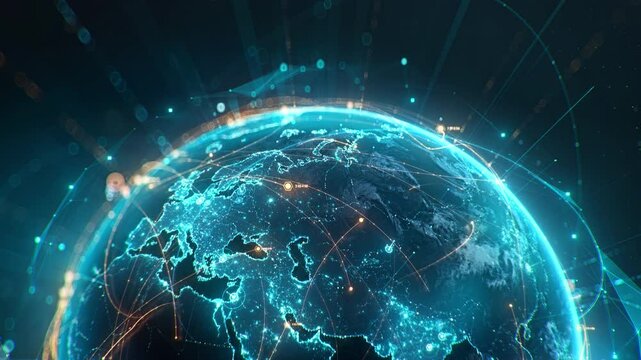 Futuristic digital globe of Earth with glowing data points network connections on a dark background. Worldwide links on planet earth at night. Concept of World communication technology. 3d animation