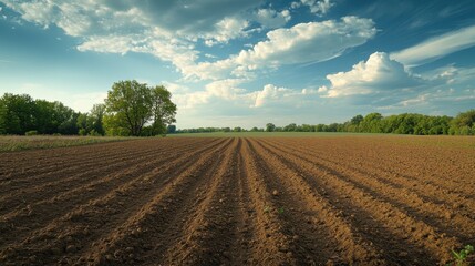 Plowed field under blue sky. Soil with furrows. Farm land with trees. Brown earth ground with clouds. Agriculture scene at countryside.
