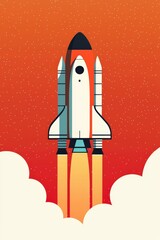 A rocket is flying through the sky with a red and orange background