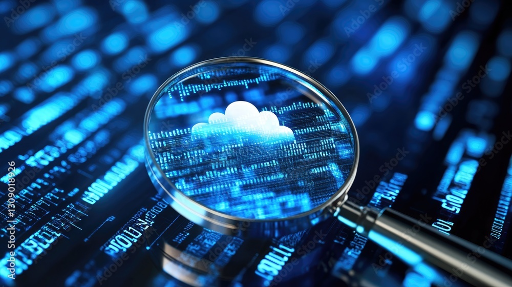 Poster cloud computing security, magnifying digital data and cybersecurity