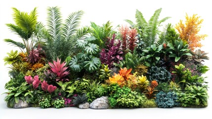 Lush tropical plants growing in a vibrant garden on white background