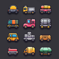 Set of Colorful Cartoon Trucks and Vehicles on Dark Gray Background