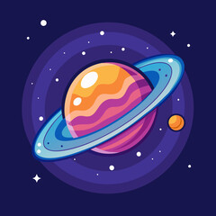 Saturn with Colorful Rings and Cosmic Background Vector Illustration, Vector illustration of Saturn with colorful rings and surrounding planets, set against a cosmic background, symbolizing space and  © PixelArtBox