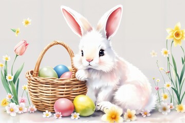 Ein niedlicher Osterhase mit flauschigem Fell und langen Ohren sitzt neben einem geflochtenen Korb voller bunter Eier. Tulpen und Narzissen umgeben die Szene in sanften Aquarellfarben.