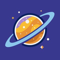 Saturn Planet with Light Blue Rings Vector Illustration, Vector illustration of Saturn with vibrant orange and light blue rings, set against a cosmic background, symbolizing space exploration.
