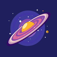 Saturn Planet with Colorful Rings and Cosmic Background Vector Illustration, Vector illustration of Saturn with vibrant colorful rings, set against a cosmic background with stars and surrounding plane © PixelArtBox