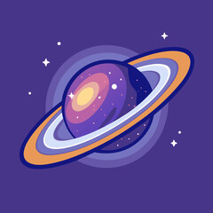 Saturn with Vibrant Rings Vector Illustration, Vector illustration of Saturn with colorful and glowing rings, set against a cosmic background, symbolizing the beauty of space exploration.  © PixelArtBox