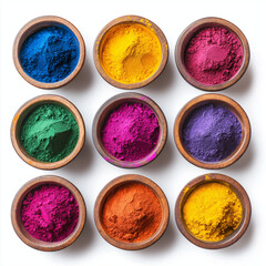 Happy Holi decoration. Top view of colorful holi powder on white background. Hindu spring festival of colours. Top view of traditional holi paint in bowls isolated on white