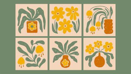 Botanical Contemporary Art Cards and Posters Set. Mid century modern flowers and plants in pot and vase. Vintage wavy crayon and chalk drawing, Shabby chic aesthetic. Vector illustration