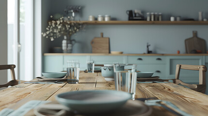 Close up of a wooden table top in a modern kitchen. Interior of a showcase cooking room mockup. 
