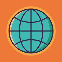 Geometric Globe Vector on Orange Background, A simple geometric vector illustration of a globe with turquoise lines intersecting on an orange background, enclosed by a circular frame.
